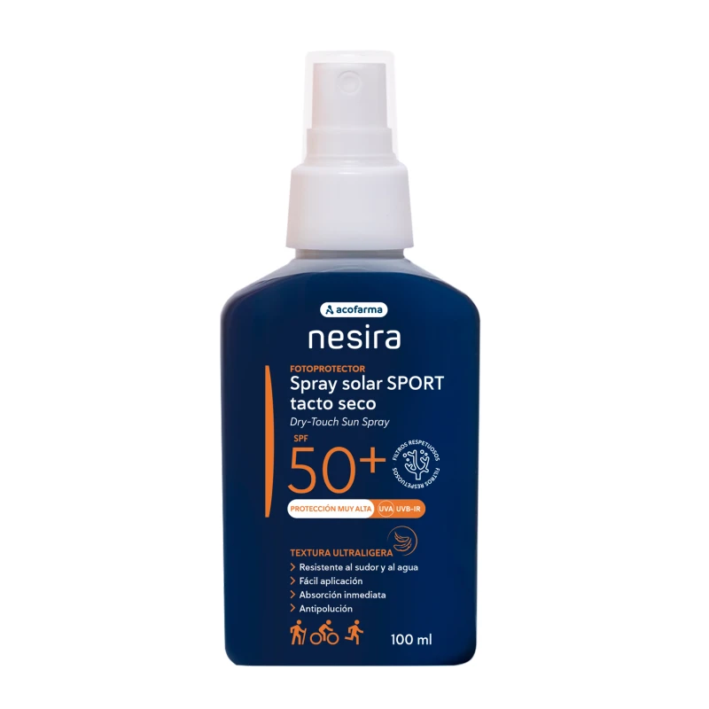 Acofarma Nesira Spray solar tacte sec 100 ml, especialment formulat per protegir la pell dels raigs solars UVA-UVB durant la pràctica esportiva.
